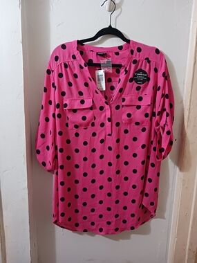Torrid Pink Polka Dot Split-Neck Blouse